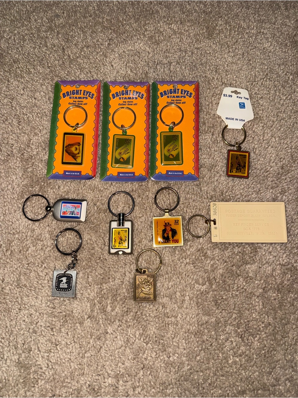 Lot Of 10 Vintage USPS Postal Stamp Keychains